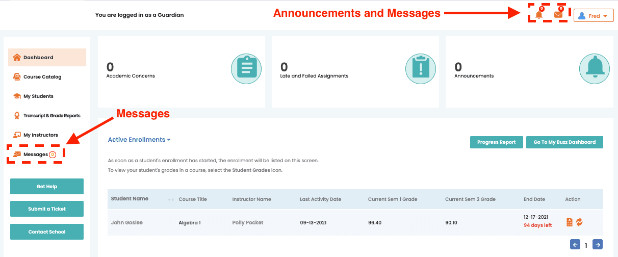 Guardian dashboard with the Announcements (bell) and Messages (envelope) icons highlighted at the top right, and the Messages item highlighted in the left-hand menu