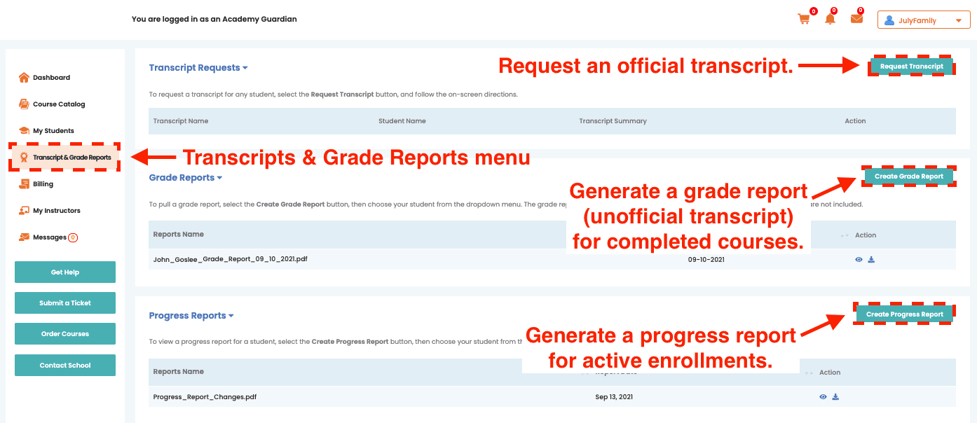Transcripts and Grade Reports page with callouts for the Request Transcript, Create Grade Report, and Create Progress Report buttons